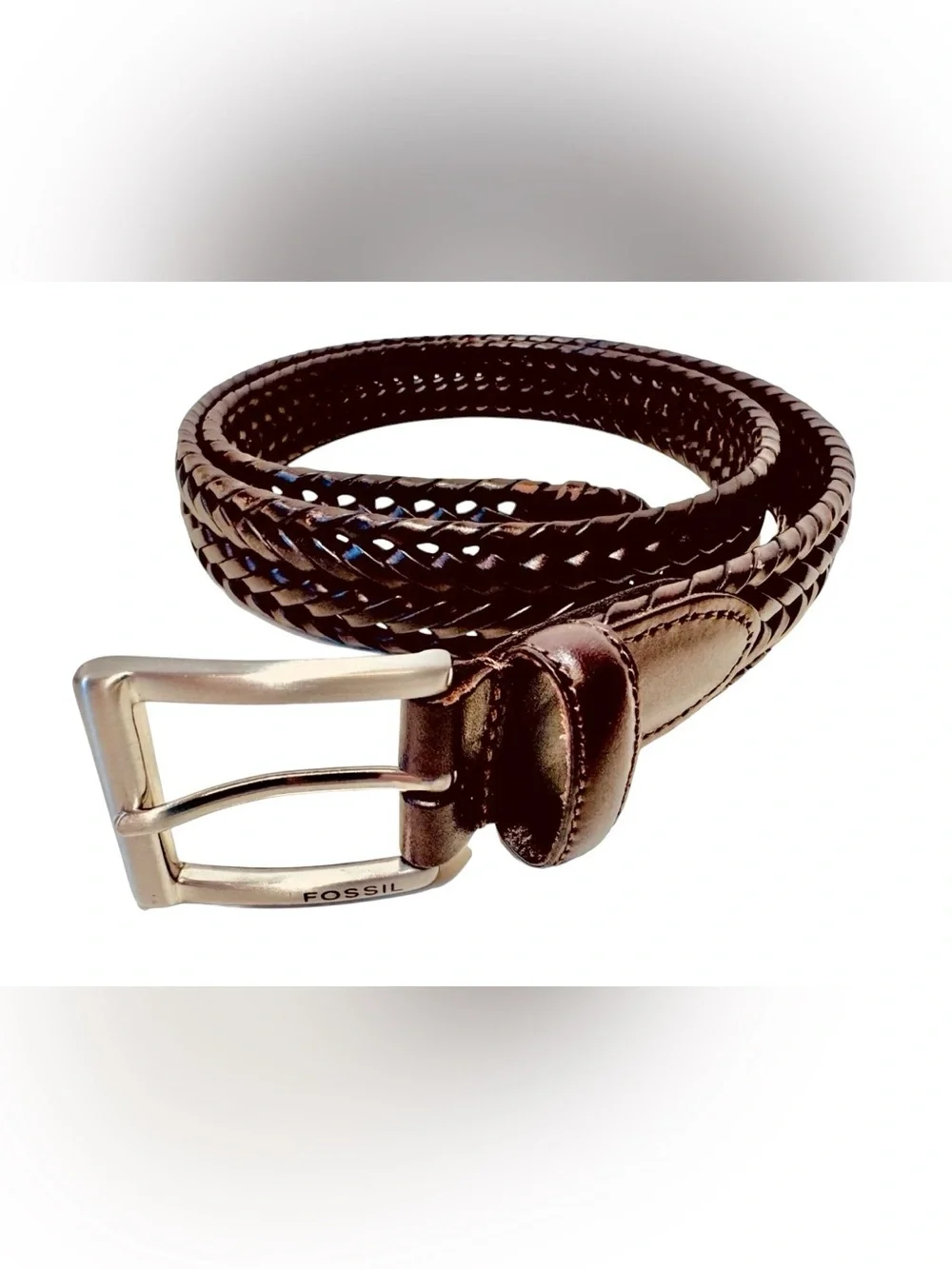 Fossil Mens Size 40 Brown Genuine Leather Braided Brushed Silver Buckle Belt
